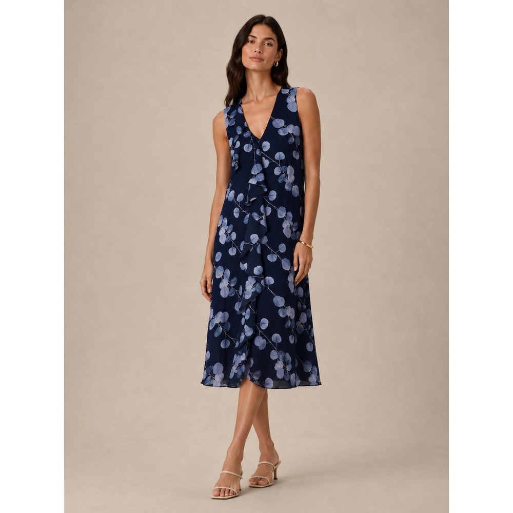 Banana Republic Navy Blue Eucalyptus Leaf Print Ruffle Cascade Midi Dress 8 NWT